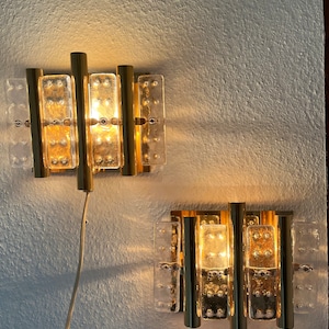 Hans Agne Jacobsson sconces, MINT set of two Hollywood Regency style Brass and glass sconces for Markaryd Sweden, vintage Scandinavian