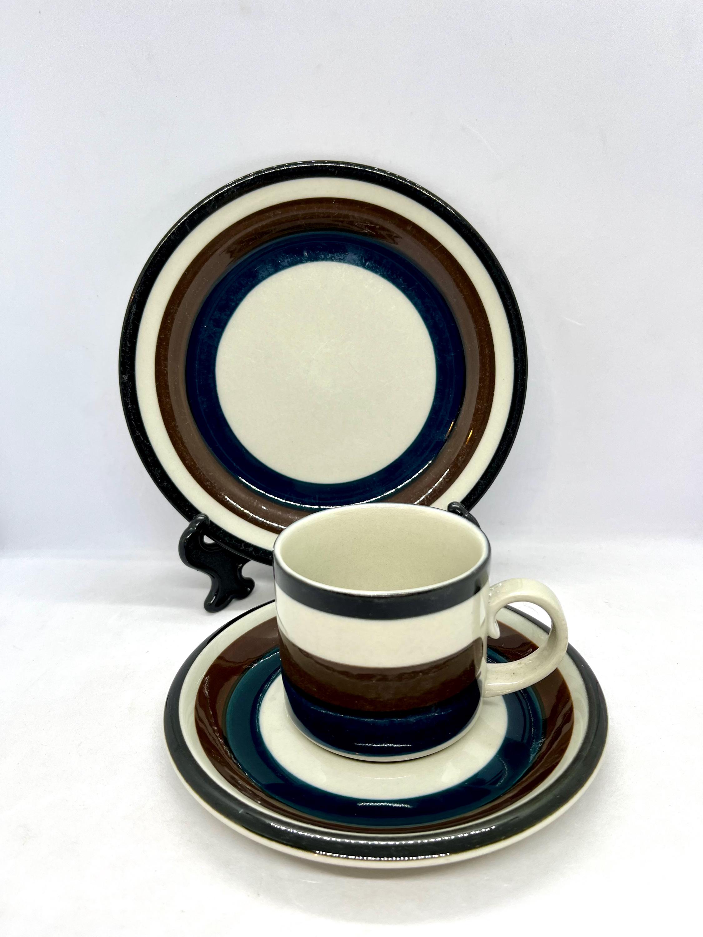 Arabia Kaira Coffee Cup Trio Sets, Hand Painted Vintage Stoneware 