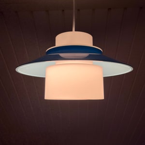 Lyfa Dinette ceiling lamp, Bent Karlby RARE baby Blue and White acrylic shades, mint condition vintage lamp design, vintage Danish