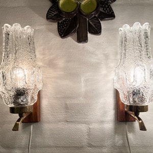 Swedish Teak and glass sconce set, set of two vintage Teak wall lamps with thick sculpted glass shades MINT, Mid Century Swedish design