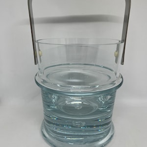 Holmegaard Ice bucket, Regiment series, large MINT blown light Blue glass with steel handle, 1970s Sidse Werner Danish design