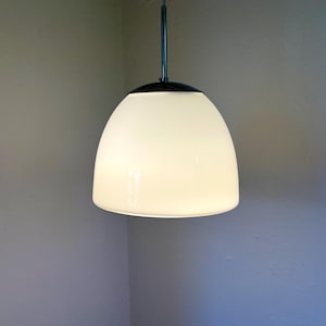 Louis Poulsen Delta pendant light, Opaline Bell shaped glass pendant with Chrome top, Louis Poulsen design from 1967, vintage Danish design