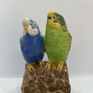 Royal Copenhagen Budgies figurine, MINT adorable figurine of two Budgies on a branch, rare Jeanne Grut design, danish porcelain design