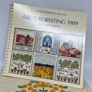 Haandarbejdets fremme 1989, Danish cross stitch patterns and calendar, &quot;From my window&quot; patterns, Gerda Bengtsson Danish handcraft tradition