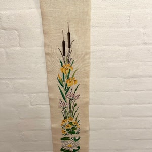 Danish cross stitch tapestry, large Cross stitch Bell pull, handmade with lakeside flowers, Danish handcraft tradition 1960s/1970s