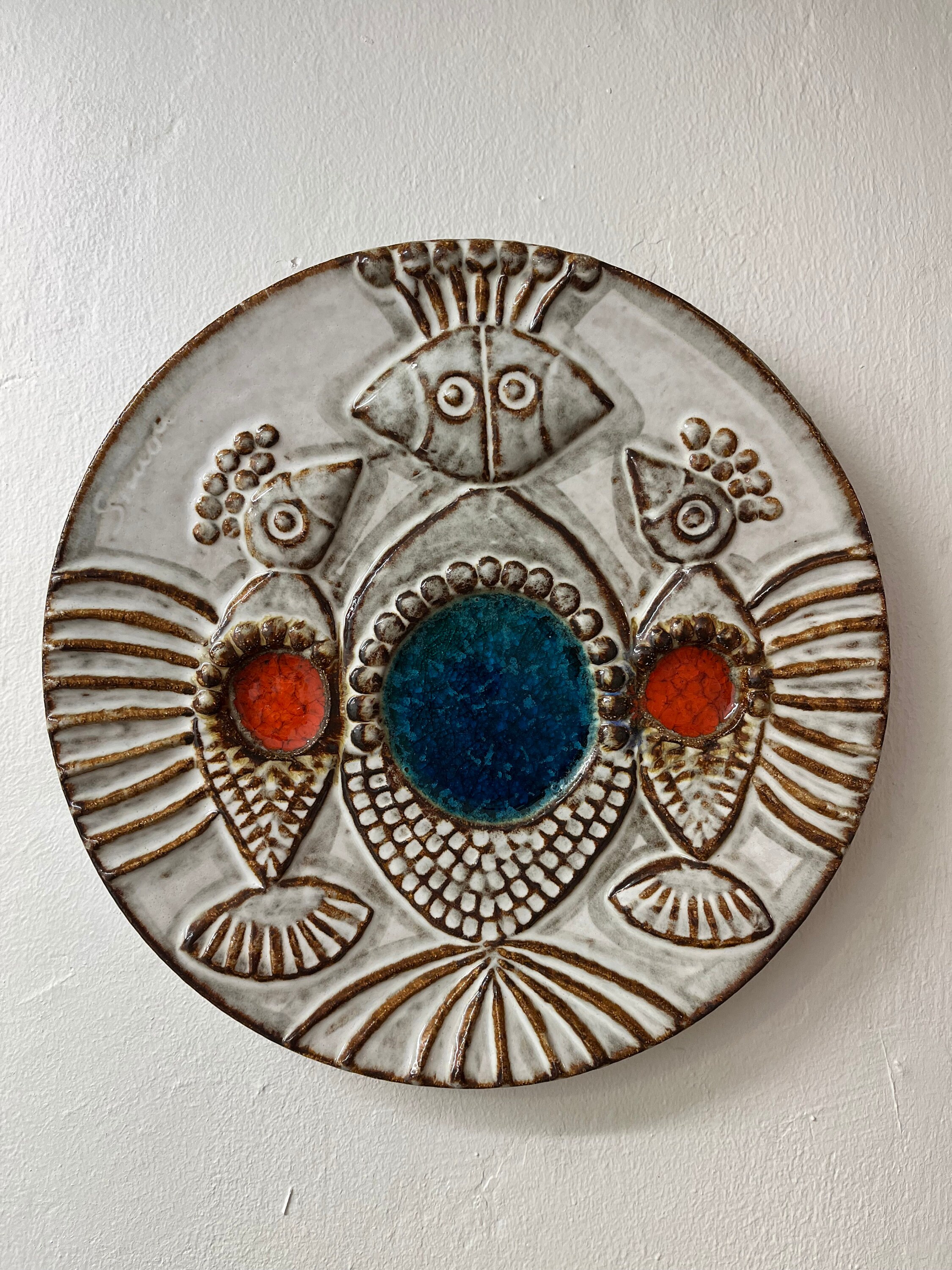 Soholm ceramic wall plaque, large round ceramic plaque fantasy bird motif, Joseph Simon midcentury Danish design