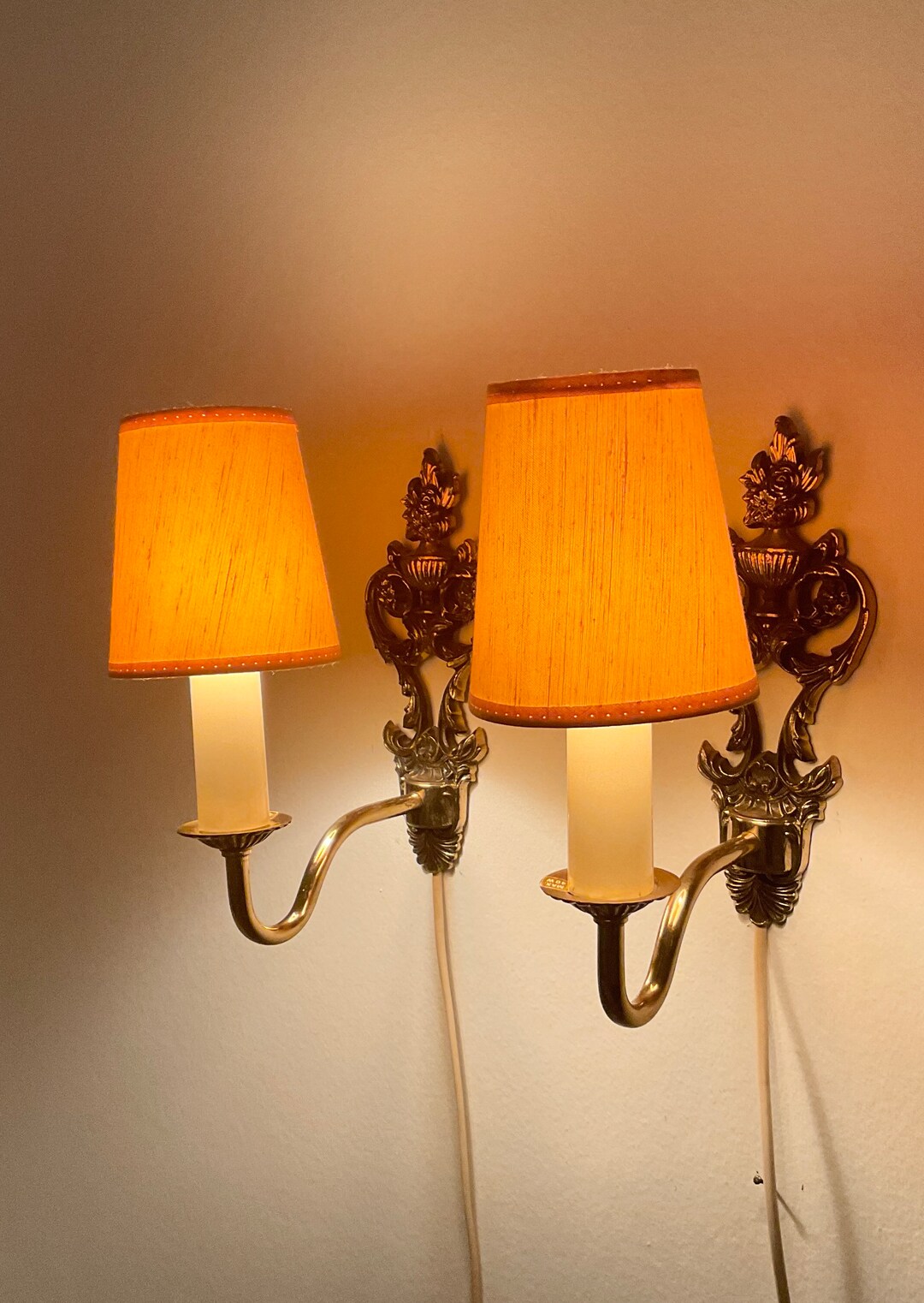 Antique Brass Set of Two Sconces Including Shades MINT, Intricate