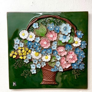 JIE Gantofta Sweden, Xlarge 31 x 30 cm ceramic plaque, A basket of Flowers, framed with Green glaze, Aimo Nietosvuori design Swedish vintage