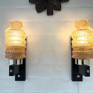 Danish Sconce set, vintage Danish thick textured glass shades on Black plastic bases, adorable vintage sconce set, Danish vintage design