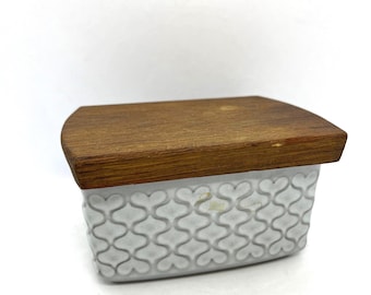 Caja de mantequilla Quistgaard Cordial con tapa de madera de teca, caja de mantequilla vintage danesa, Kronjyden Randers Dinamarca