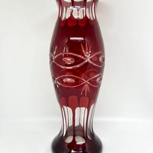Bohemian Glass vase, Wilhelm Kralik Handmade cut glass Vase, Ruby Red cut glass vase from 1950s Czech republic, Mid Century European design