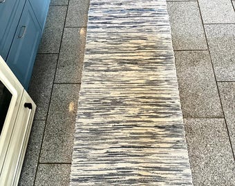 Swedish rug, LONG vintage handmade rag Rug, 1970s  HANDMADE in Blue and White, woven cotton floor rag rug 300 x 70 cm