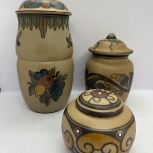 L. Hjorth ceramics, rare handmade set of three bon bonnier/ lidded bowls, ceramic art Nouveau MINT vintage Danish design