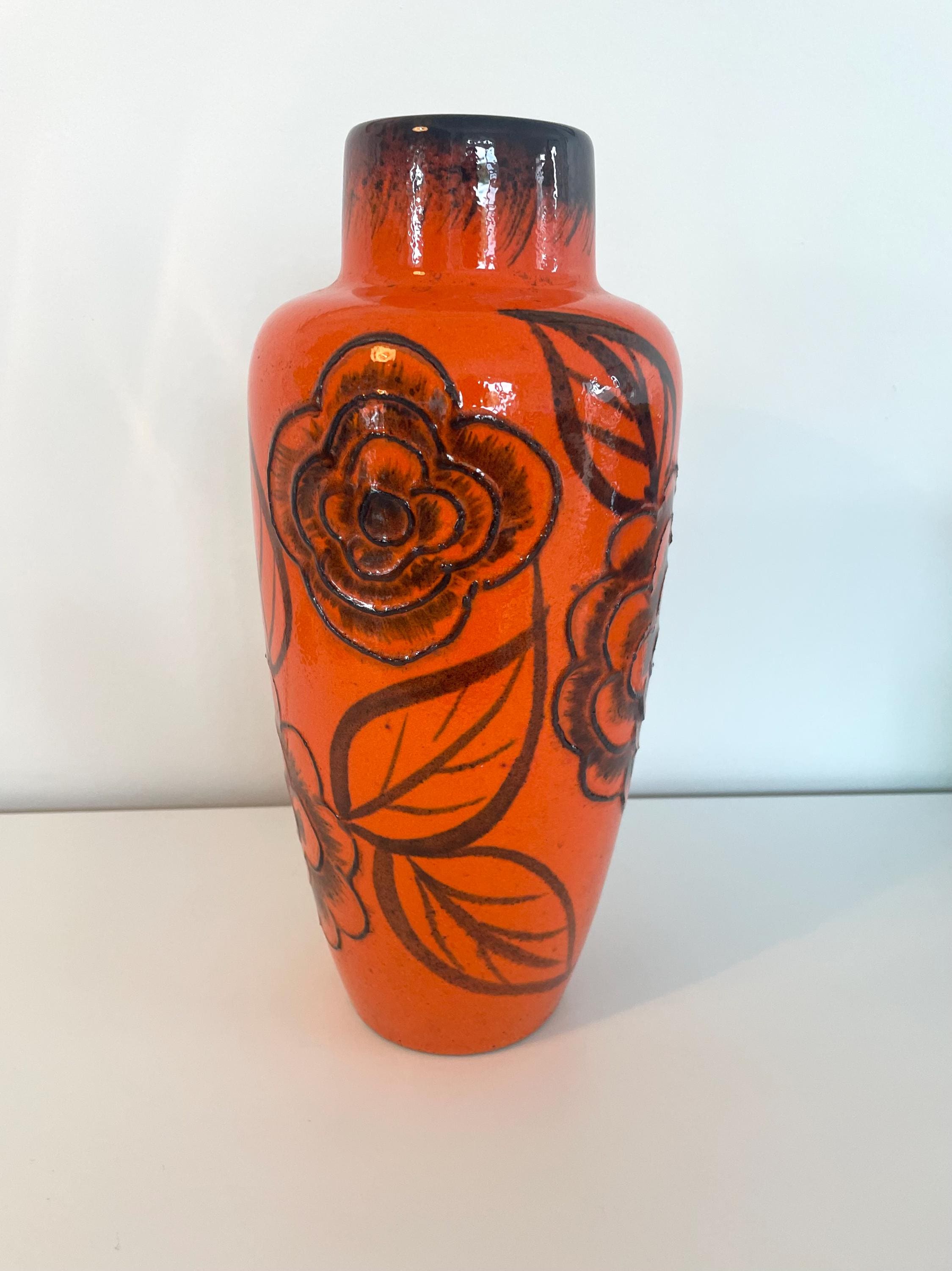 West Germany Ceramic Vase, Large Very Rare Vintage Orange and