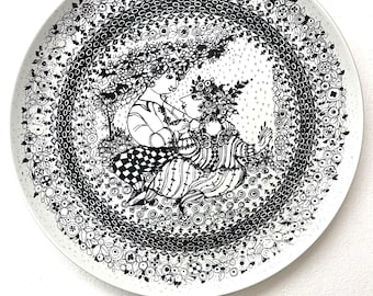 Bjorn Wiinblad Nymolle Dish, MINT XL "Spring" dish Four Seasons series, wall or display plate with Black decor, vintage Danish design