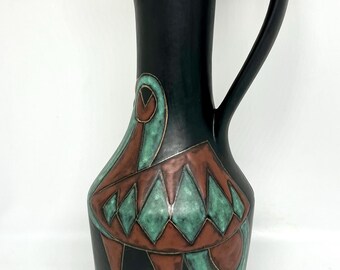 Marianne Starck ceramic vase Extremely rare Tribal vase/jug 28 cm handmade vase, Black base Green/Red glaze, midcentury Michael Andersen