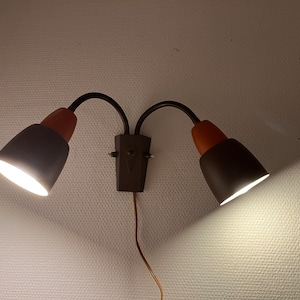 Danish wall lamp, vintage double metal wall light Brown and Orange with flexible arms, vintage Danish design