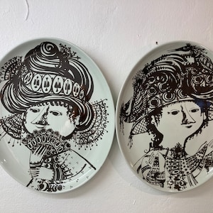 Bjorn Wiinblad wall plates, set of two large oval plates, large oval display or serving plates with Brown decor, vintage Danish design