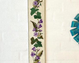 Danish cross stitch tapestry, handmade Bell pull with Purple flowers, Danish vintage handcraft tradition