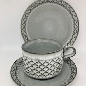 Op de afbeelding: Een grijze keramische theekop en schotelset met een geometrisch patroon. De kop en schotel hebben een reliëfdesign.