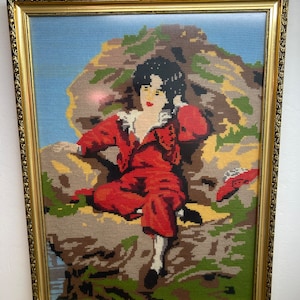 Antique framed hand embroidered picture &quot;The little Prince&quot;, Danish handcraft tradition 1940es/1950es
