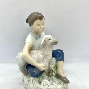Bing and Grondahl figurine of a Girl with her Lamb, antique Danish porcelain figurine MINT condition, vintage Danish design