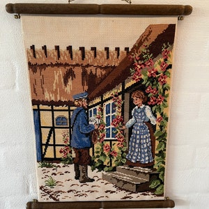 Danish needlepoint tapestry Postman delivering letter, handmade wall hanger display piece from shop, Danish handcraft tradition 1960s/1970s