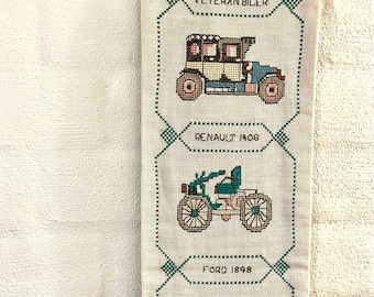 Danish cross stitch tapestry, Cross stitch Bell pull, handmade with various vintage Car models, Danish vintage handcraft tradition