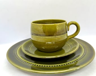 Old Hoganas Coffee cup trio set, mint condition Hoganas Pärlband green glaze, John Andersson Swedish midcentury design