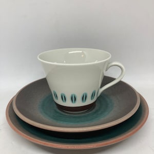 Rorstrand Asia teacup trio sets, rare large porcelain Teacup with ceramic saucer and plate, Swedish Midcentury design