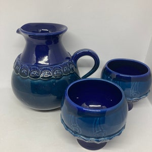 Bjorn Wiinblad ceramic Pitcher and cups, &quot;Brotzeit&quot; series MINT, Extremely RARE set of large pitcher and two mugs, vintage Danish design