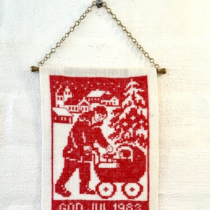 Danish needlepoint, 1983 Christmas cross stitch wall hanger, hand embroidered Christmas wall decor, Danish handcraft tradition 1970es/1980es