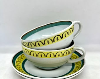 Arabia Crownband Teacups, set of two large cup and saucer, designed by Olga Osol, vintage Finnish design