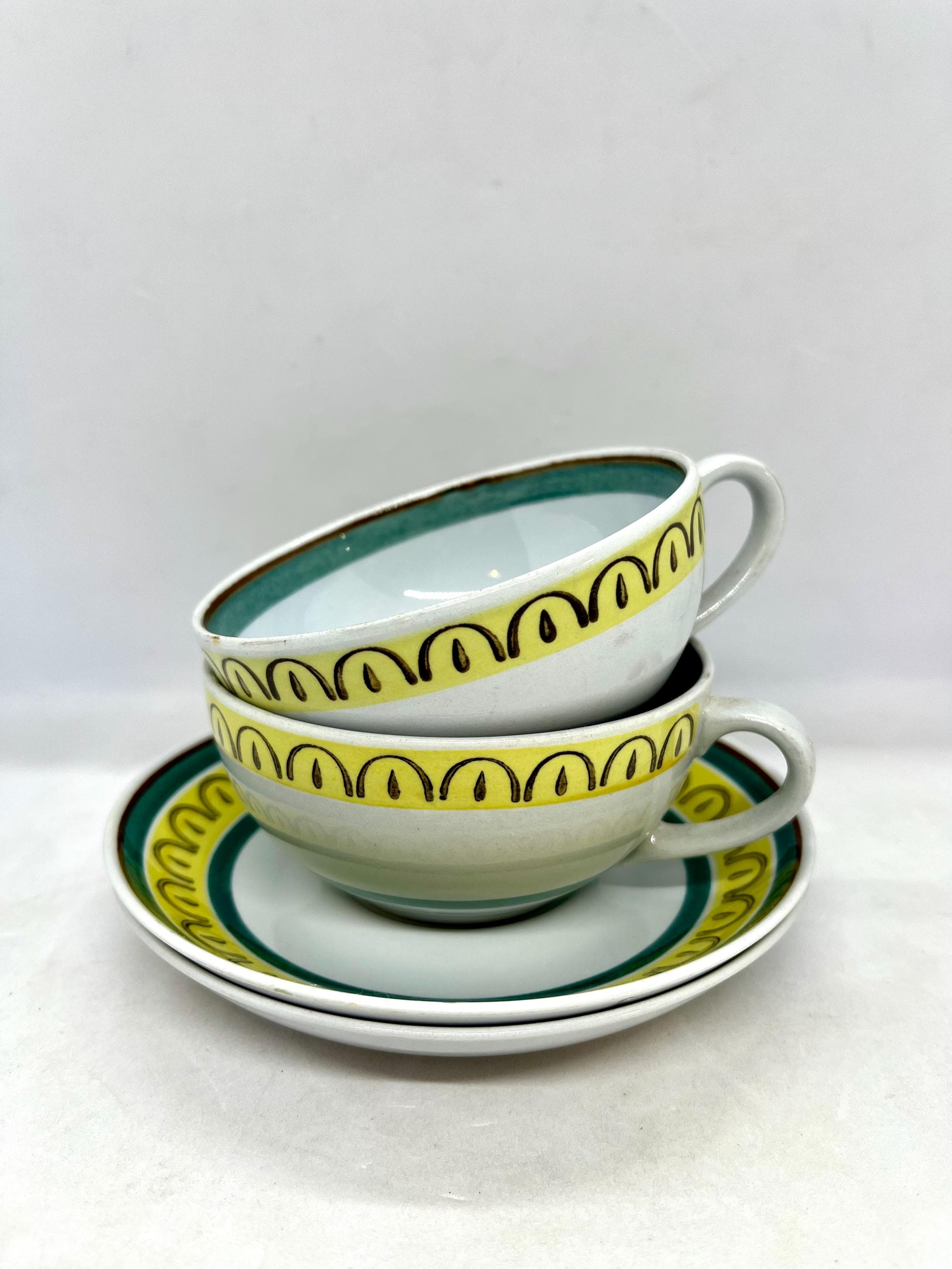Arabia Crownband Teacups, Set of Two Large Cup and Saucer