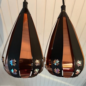 Werner Schou pendant lights, set of two teardrop shaped Copper/Black metal with faceted acrylic prisms, Coronell Danish design