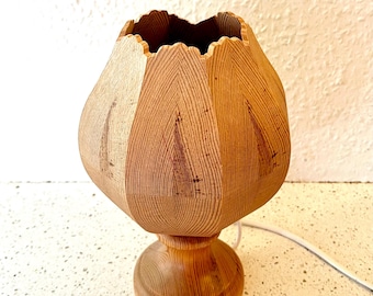 Swedish Pine lamp, vintage handmade Tulip shaped Pinewood table lamp, Scandinavian vintage design