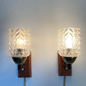 Danish Teak and glass set of two sconces, Teak vintage sconces with thick pressed glass shades, Danish Mid Century Lamp design