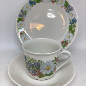 Rorstrand Midsommar coffee cup trio set, rare cups designed by Margareta Liljesköld, vintage Swedish design
