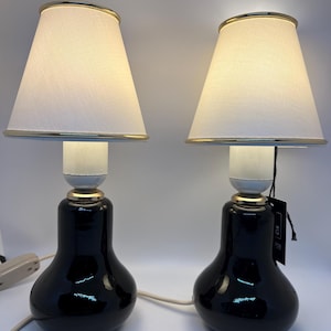 Danish vintage table lamps, Black blown glass miniature lamps with new vintage design shades, Stimo Lamps vintage Danish design