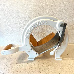 Raadvad Denmark bread slicer/ cook book rack, MINT condition Cast Iron slicer with wooden board, Danish vintage design