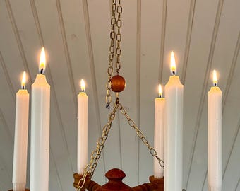 Swedish Pine chandelier, six arm Chandelier for candles, wooden hanging candelabra, vintage Scandinavian Country decor