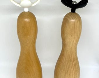 Beechwood Salt and Pepper set, RARE Danish large Pepper and Salt mills in Beechwood with Floral tops Black and white, vintage Danish design