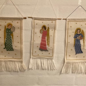 Danish needlepoint, set of 3 Angel wall hangers hand embroidered, Danish handcraft tradition 1960es/1970es