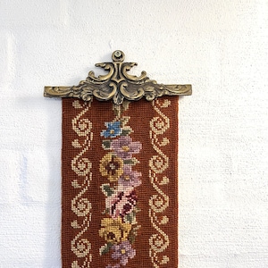 Danish cross stitch tapestry, Cross stitch Bell pull, handmade pattern on a Reddish Brown background, Danish vintage handcraft tradition