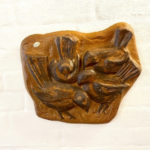 Soholm ceramic wall plate organic shaped, large ceramic plaque with four Birds, design by Arne Finne Nielsen, midcentury Danish design