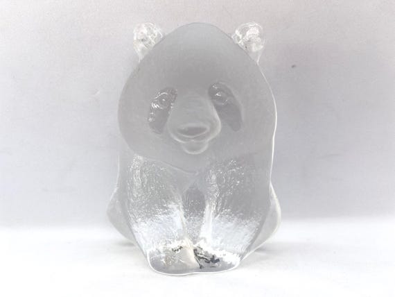 Swedish Crystal Panda Paperweight, Signed Swedish Glass Panda by