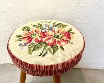 Antique Stool, hand embroidered three legged stool / foot rest,  with beautiful hand embroidered upholstery, Danish handcraft tradition