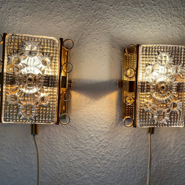 Orrefors sconce set, Carl Fagerlund / MPR Denmark collaboration, Hollywood Regency Brass and Crystal glass, vintage Scandinavian design