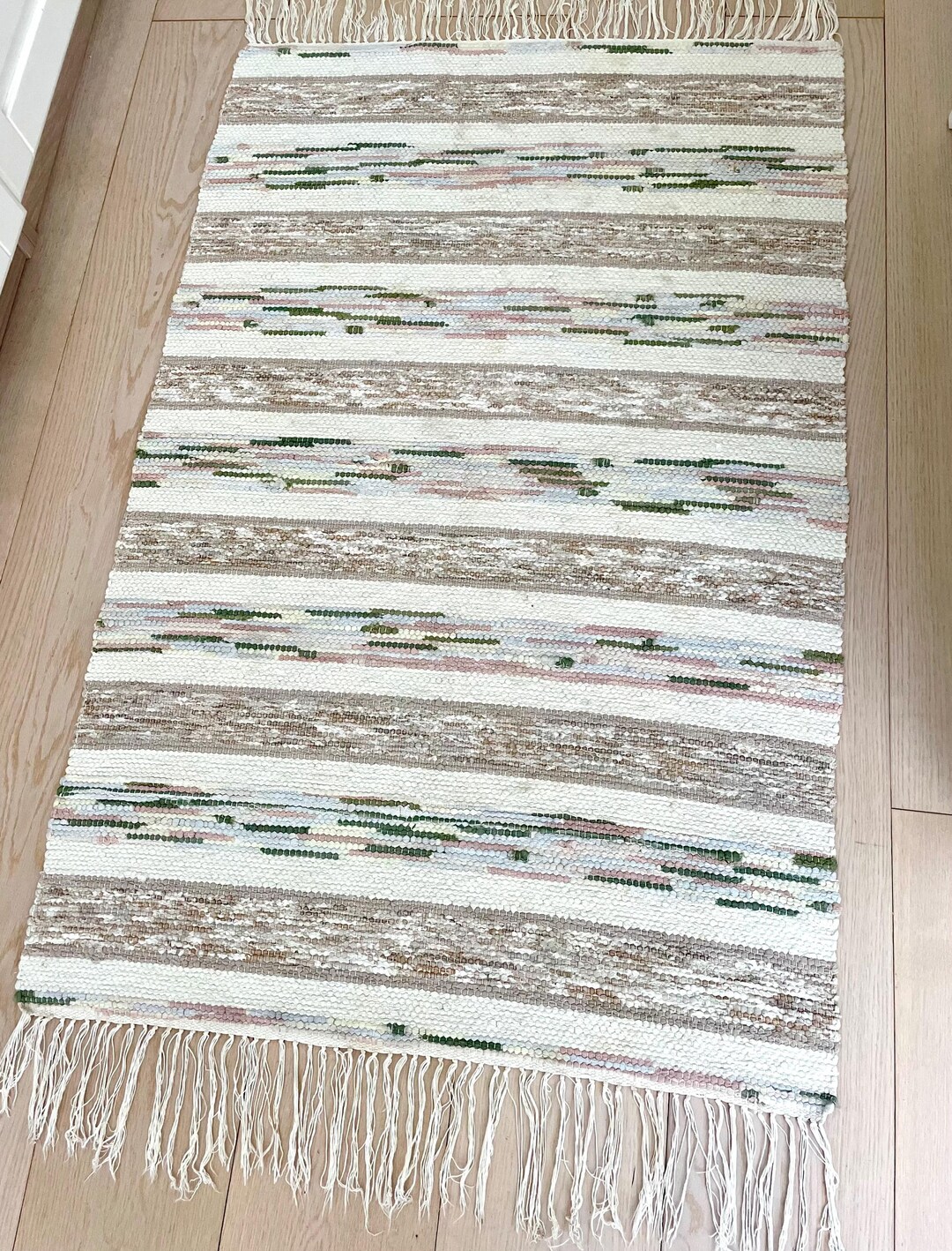 Loor Rag Swedish Rug, Vintage Handmade Rag Rug, 1970s HANDMADE in Beige, Green ...