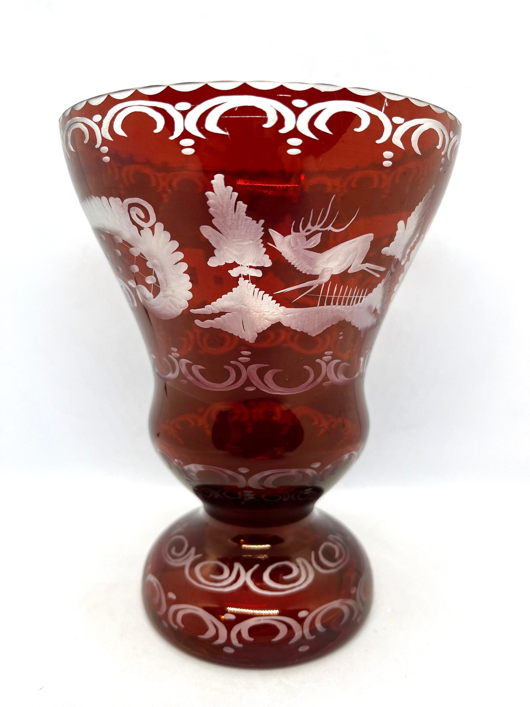 Bohemian Glass Vase, Mint Condition Ruby Red Cut Glass From 